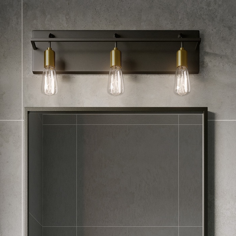 Tae 24 in. Wide 3-Light Black Industrial Metal Bathroom Vanity Light with Aged Brass Socket Cups and Black Cords (Discontinued)