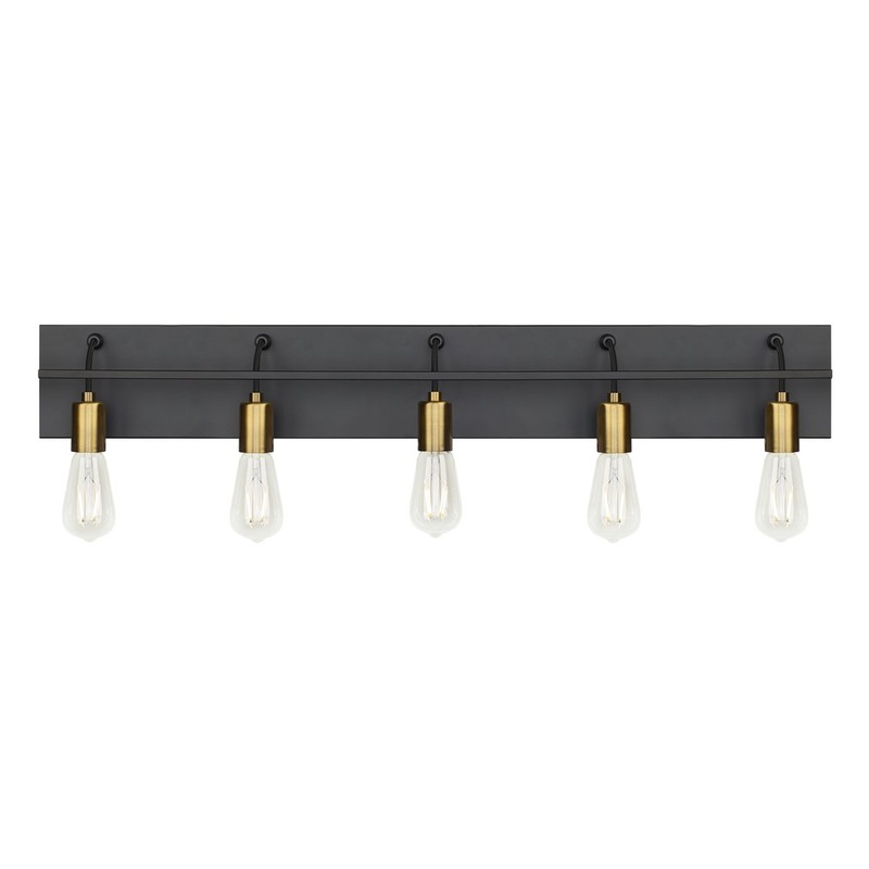 Tae 36 in. W 5-Light Black Industrial Metal Bathroom Vanity Light with Aged Brass Socket Cups and Black Cords (Discontinued)