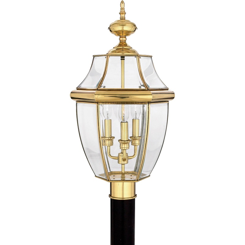 Quoizel NY9043B Newbury Three Light Outdoor Post Lantern, Polished Brass