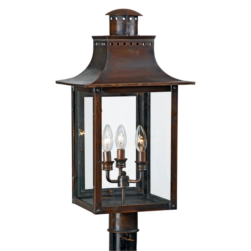 Quoizel CM9012AC Chalmers Three Light Outdoor Post Lantern, Aged Copper
